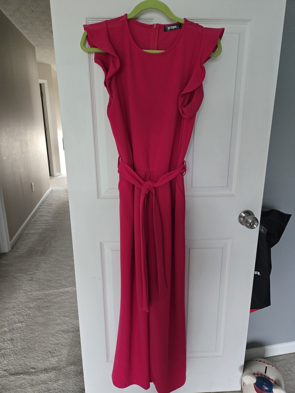Fuchsia Ruffle-Sleeve Romper/Jumpsuit with Tie Waist